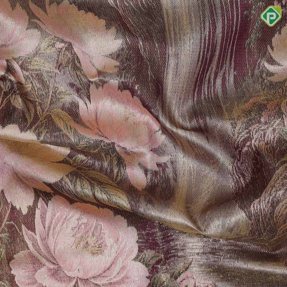 Grape purple garden floral design baby pink silver zari pythonic design jacquard tissue silk saree