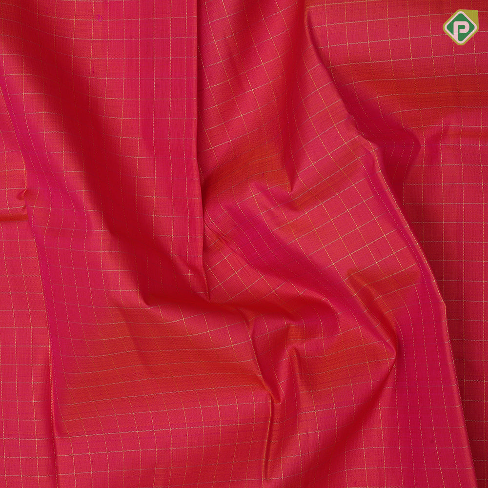 Pinkish Orange Gold Zari Vairaoosi Checked Design Ganga Jamuna Lines Border Design Traditional Silk Saree