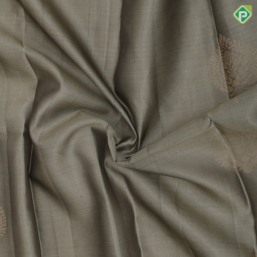 Artichoke green gold zari big leaf butta design magenta gold zari thilagam butta border pure mix silk saree