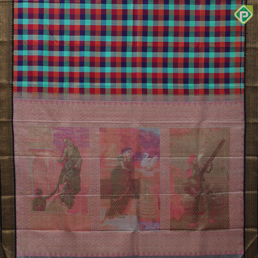 Multi color paalum pazhamum checks design luxury black gold zari border ravi varma painting pallu concept silk saree