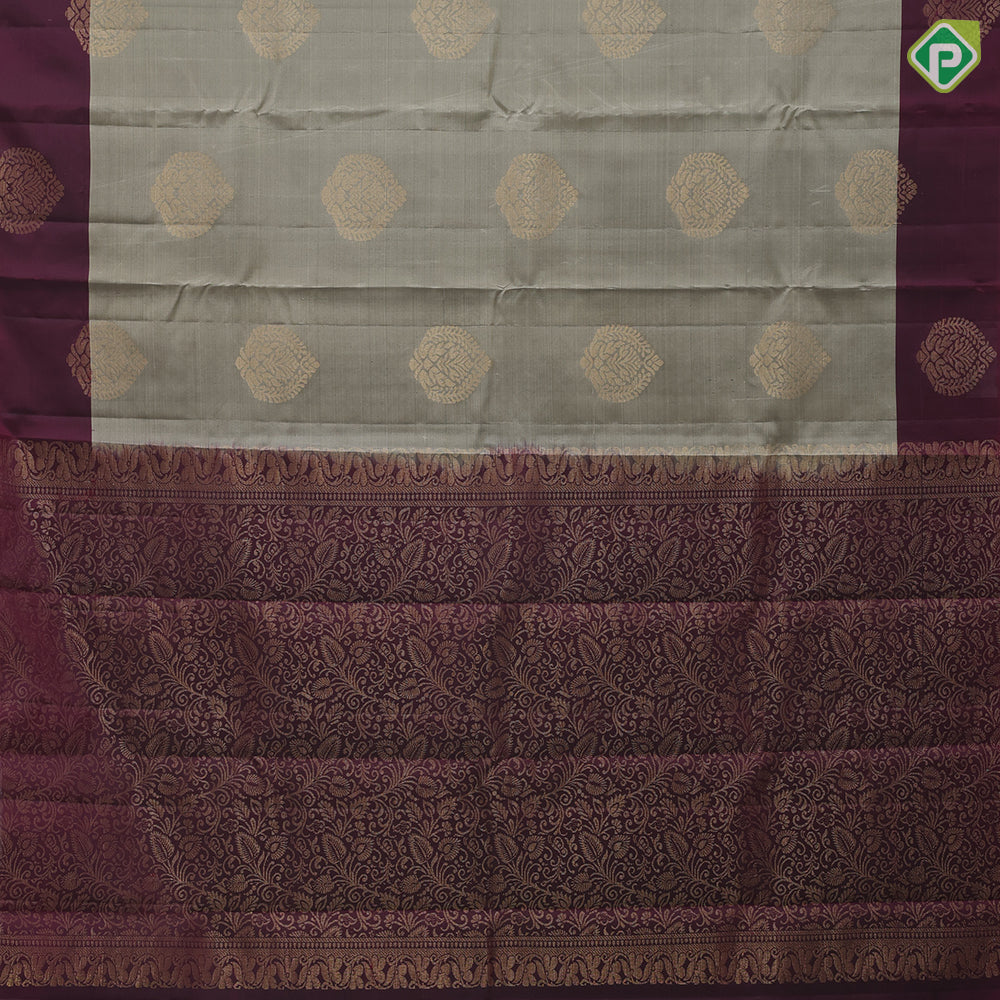 Artichoke green gold zari big leaf butta design magenta gold zari thilagam butta border pure mix silk saree