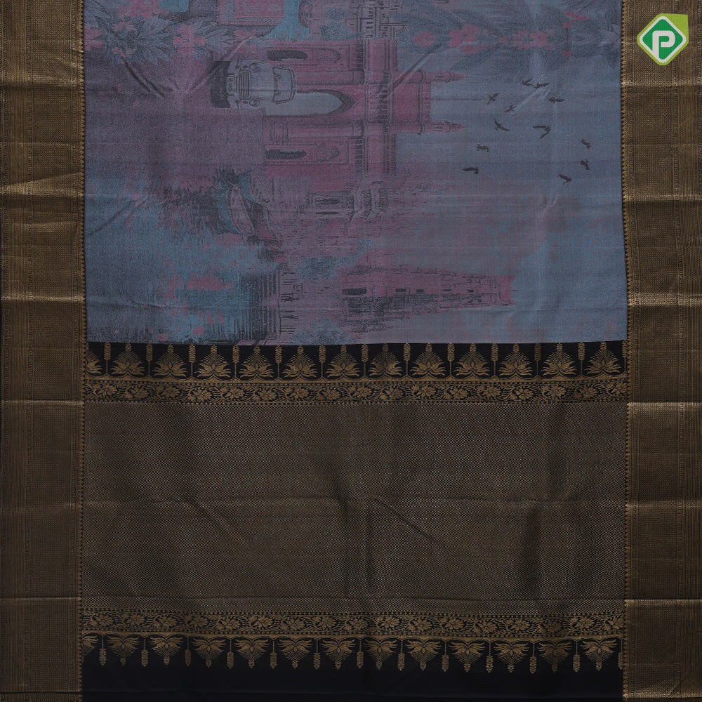 Steel grey base dusky pink Historical India inspired subtle vintage artistic details woven signature kanchipuram masterpiece silk saree