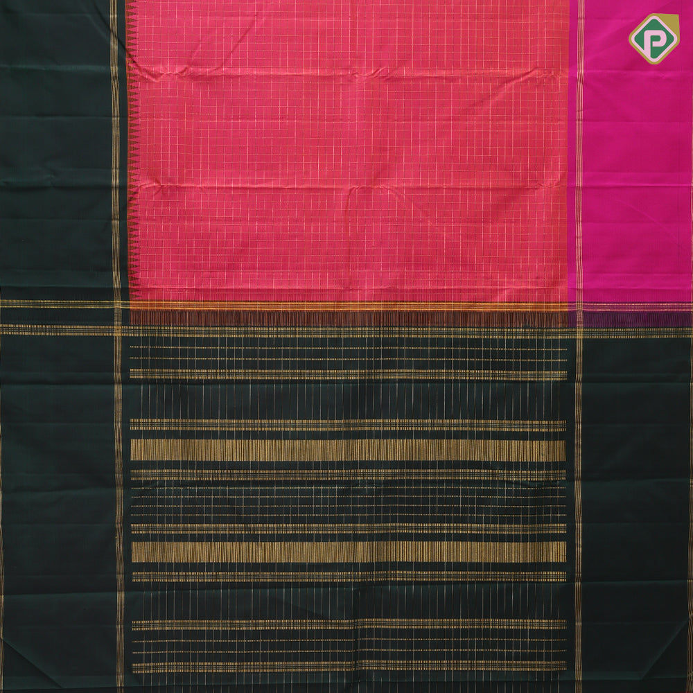 Pinkish Orange Gold Zari Vairaoosi Checked Design Ganga Jamuna Lines Border Design Traditional Silk Saree