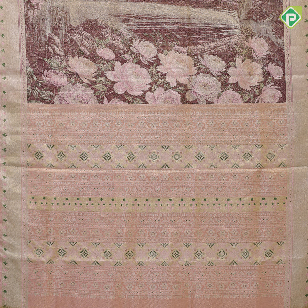 Grape purple garden floral design baby pink silver zari pythonic design jacquard tissue silk saree
