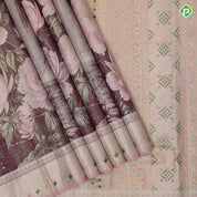 Grape purple garden floral design baby pink silver zari pythonic design jacquard tissue silk saree
