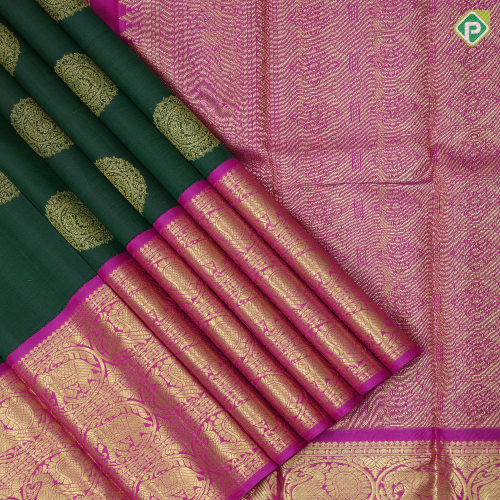 Bottle Green Gold Zari Thambulam Butta Design Pink Elephant Ruthracham Border Design Traditional Silk Saree