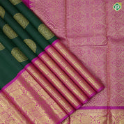 Bottle Green Gold Zari Thambulam Butta Design Pink Elephant Ruthracham Border Design Traditional Silk Saree
