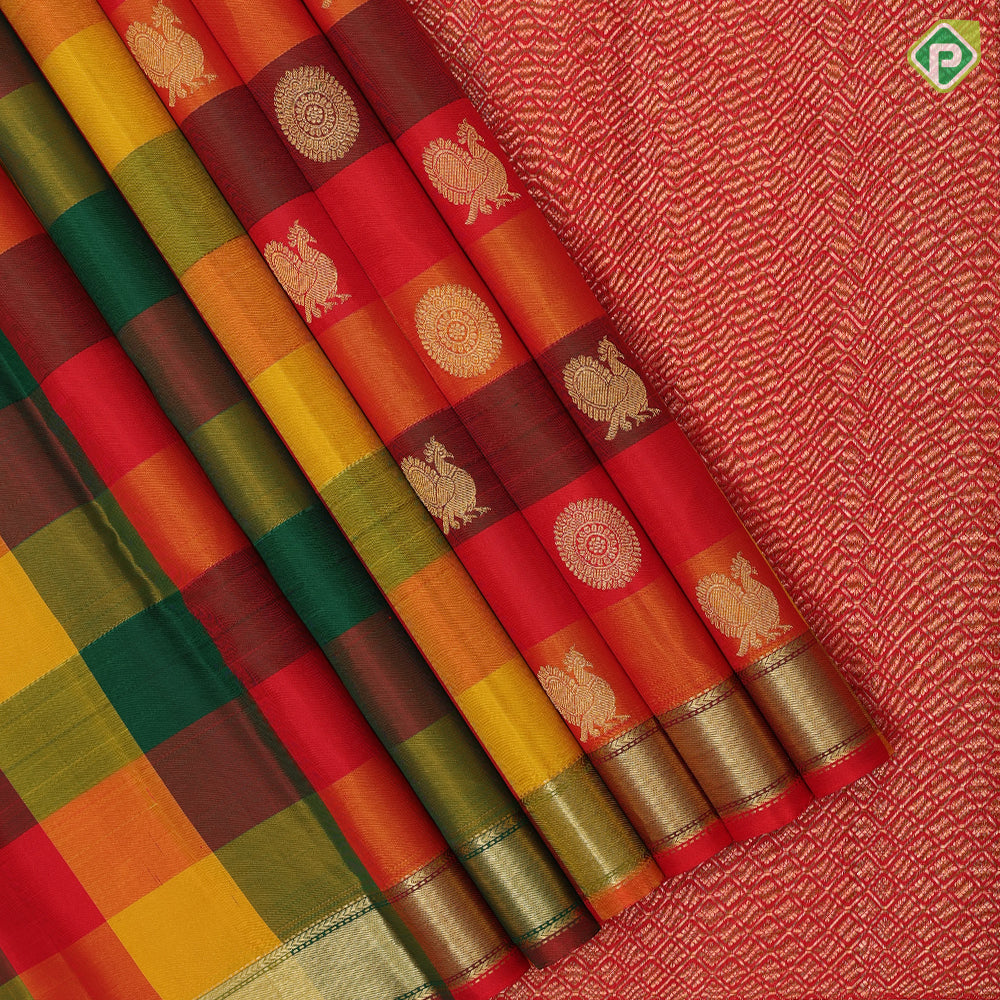Multi color paalum pazhamum checks gold zari butta self gold zari edge border traditional silk saree