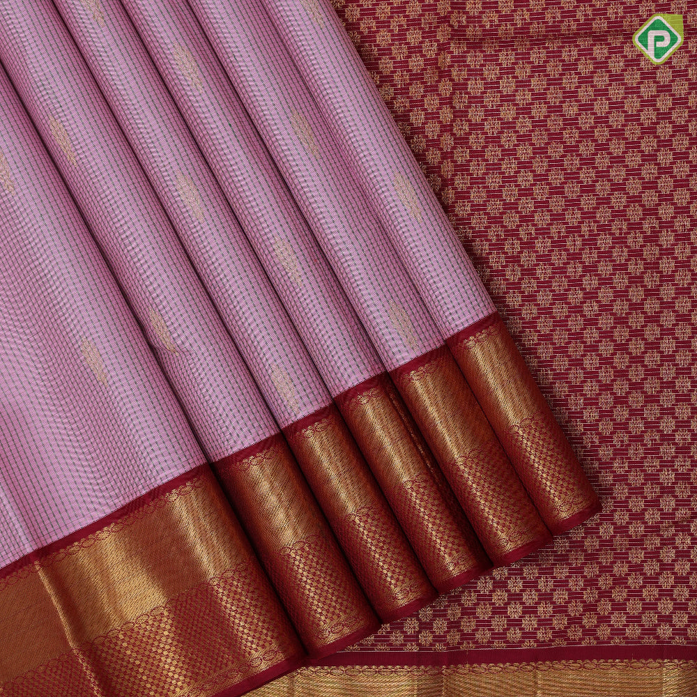 candy pink gold zari green thread checks and butta design maroon gold zari dual design border traditional silk saree