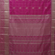 Rani pink gold zari double peacock deer round butta self gold zari flower and diamond border art silk saree