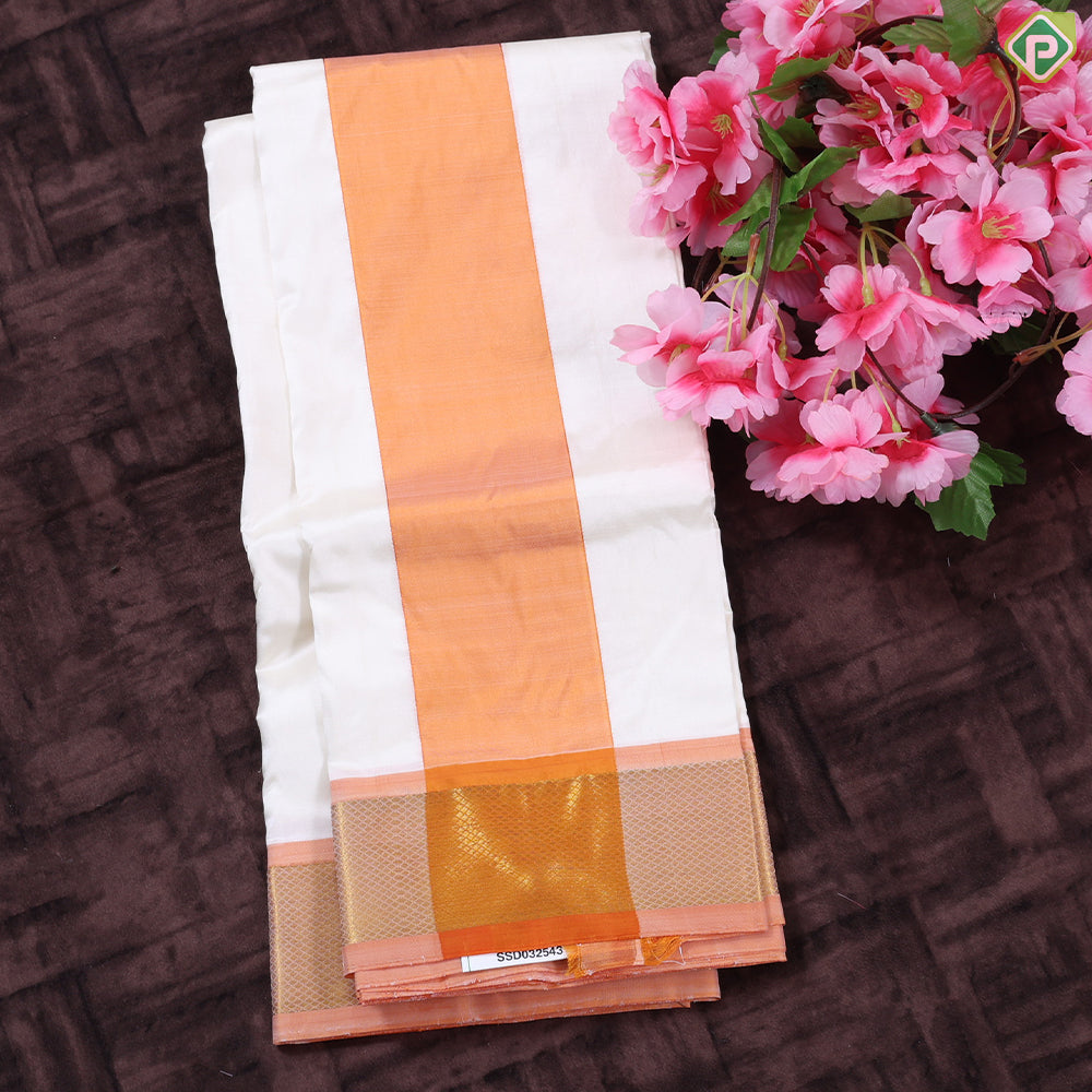 Cream White Orange Gold Zari 120 Kuligai Mayikan Border Vest Dhoti Shirt Set