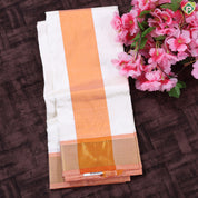 Cream White Orange Gold Zari 120 Kuligai Mayikan Border Vest Dhoti Shirt Set