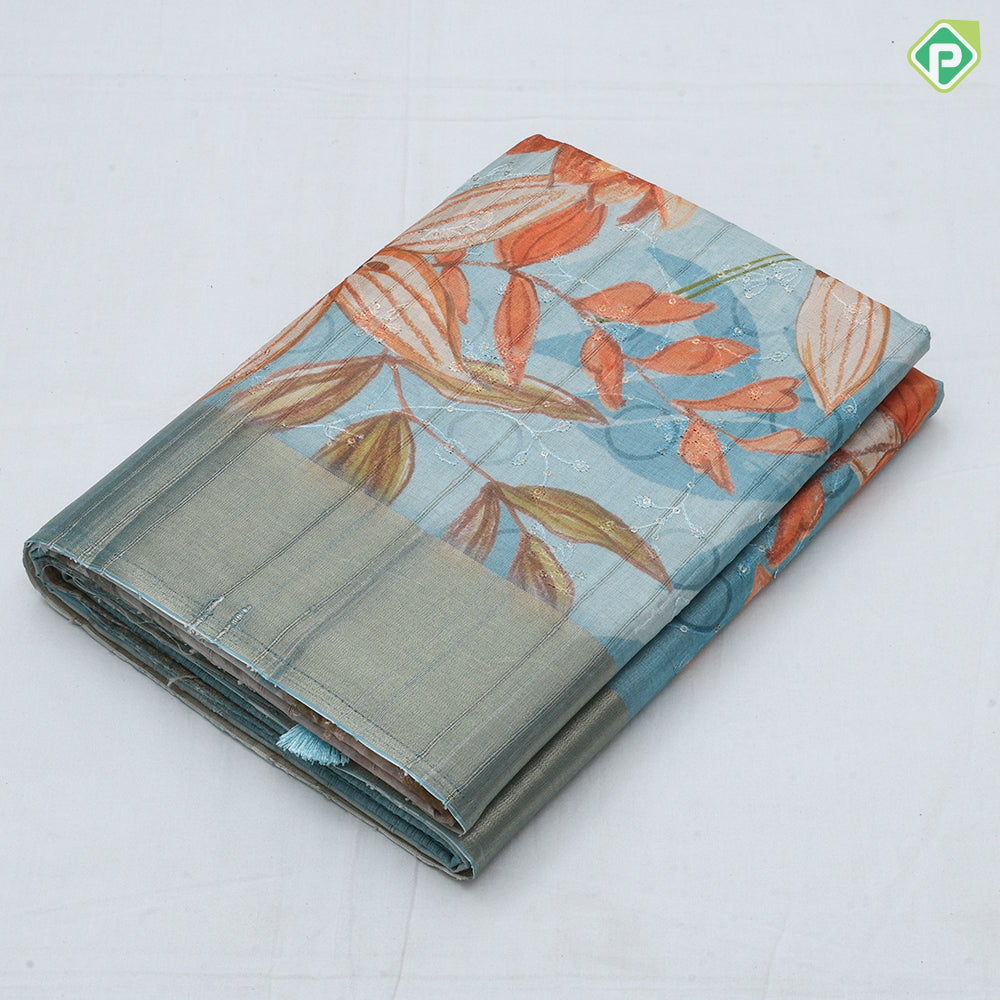 peach flower print and embroidered design gold zari plain border fancy cotton saree