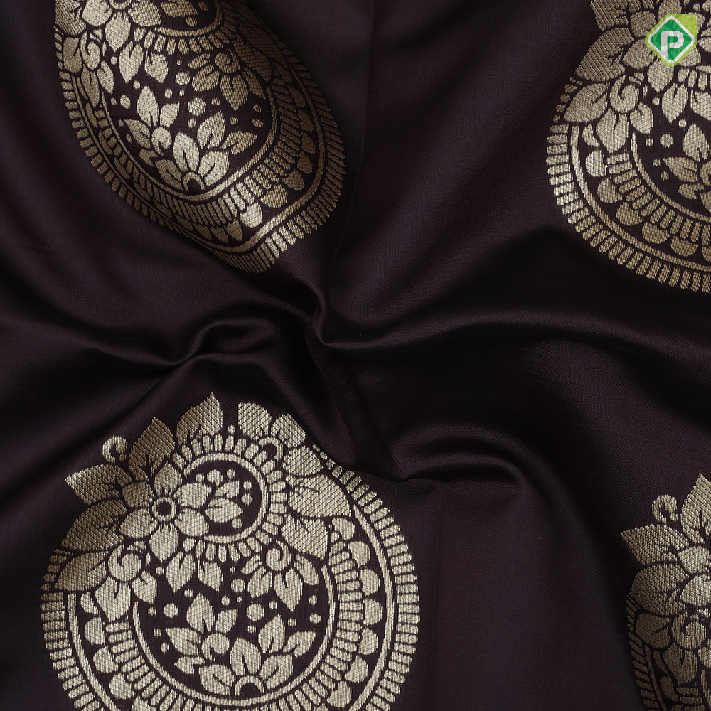 coffee brown gold zari fancy flower round butta contrast zari lines border soft silk saree