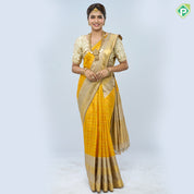Mustard Yellow Gold Zari Check Design Cream Colour Peacock Border Design Traditional Silk Saree