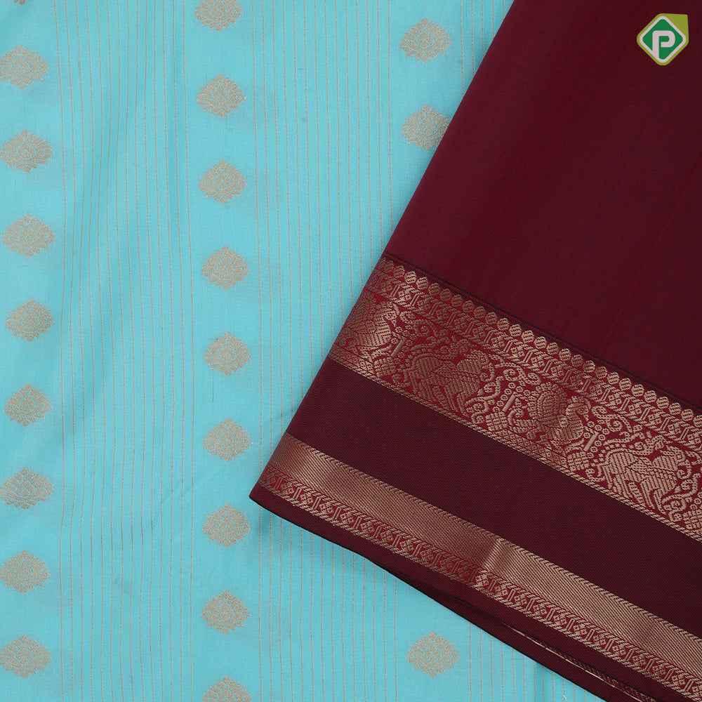 Sky blue gold zari stripes and flower butta design maroon gold zari rettapet border traditional Art silk saree