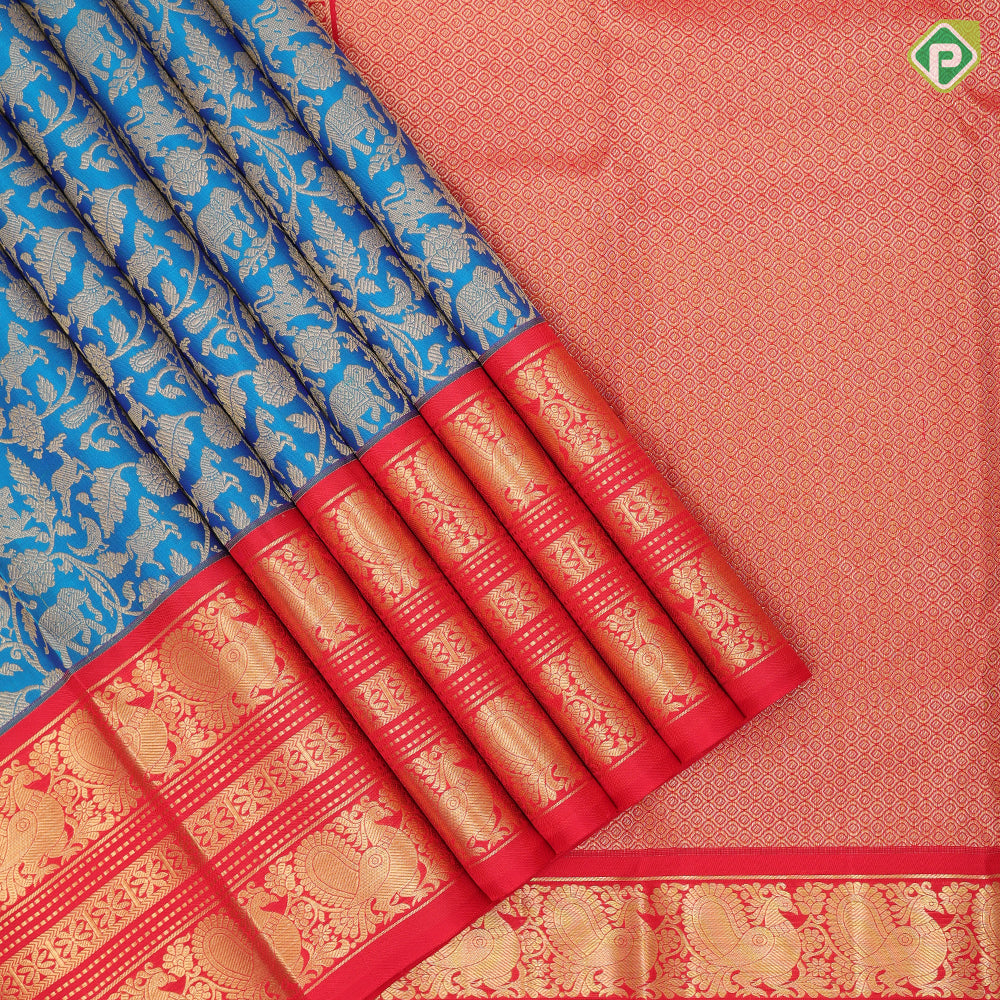 Peacock blue gold zari vanasingaram design rani red gold zari peacock butta lines border exclusive bridal silk saree