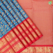 Peacock blue gold zari vanasingaram design rani red gold zari peacock butta lines border exclusive bridal silk saree