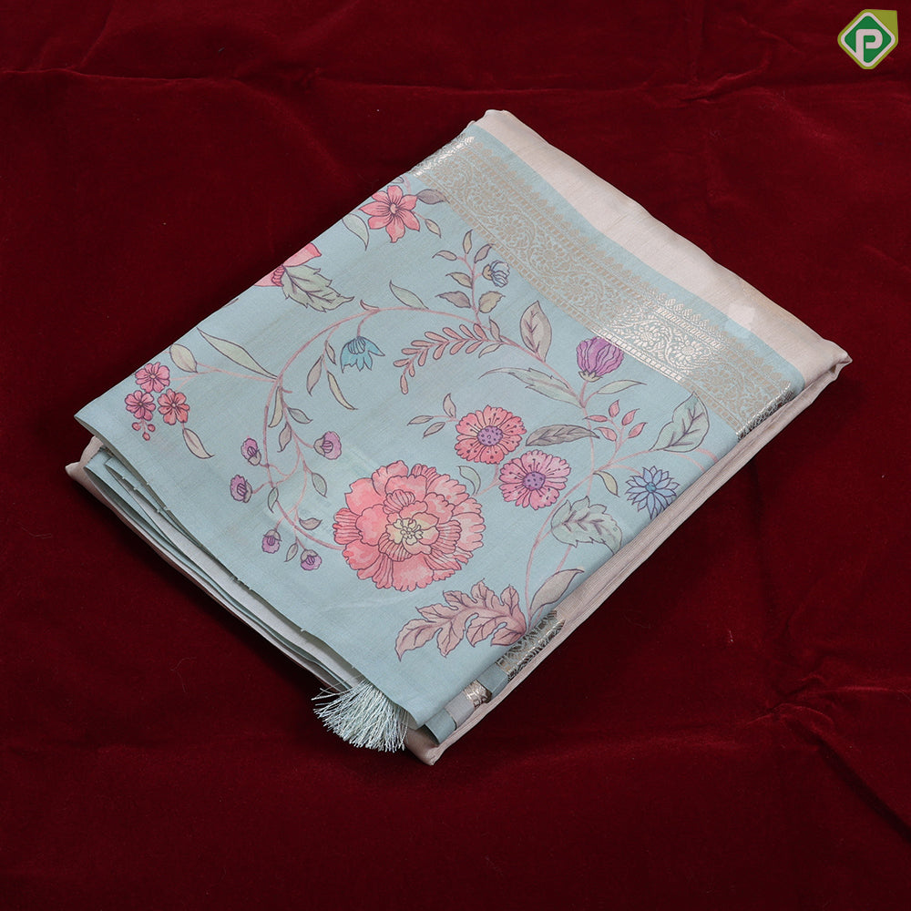 cream with gold zari round butta design baby pink multi colour floral border semi tusser saree