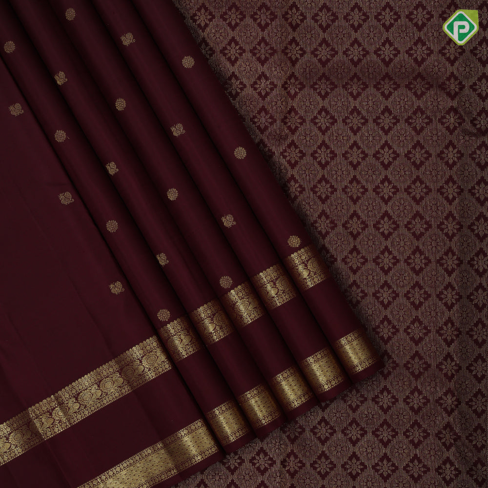 Dark Maroon Gold Zari Peacock Chagaram Butta Design Double Border Ruthracham Peacock Mayilkan Border Design Traditional Silk Saree