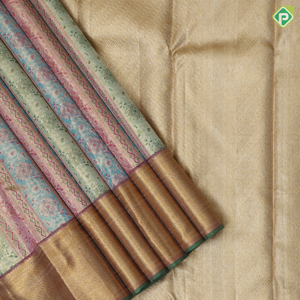 golden base multi colour self meena work pillars pink gold zari green edge border Exclusive bridal silk saree