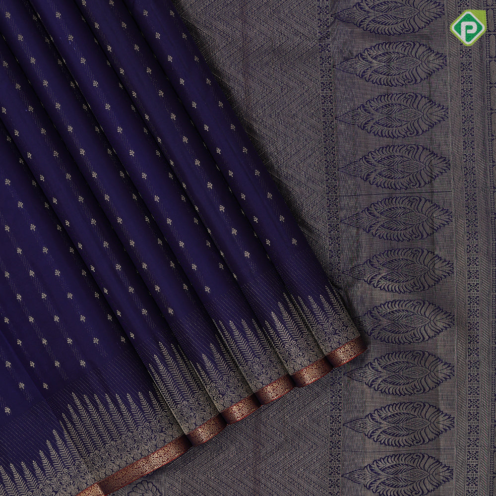 Indigo blue gold zari small butta lines design self with fancy design edge border gift silk saree