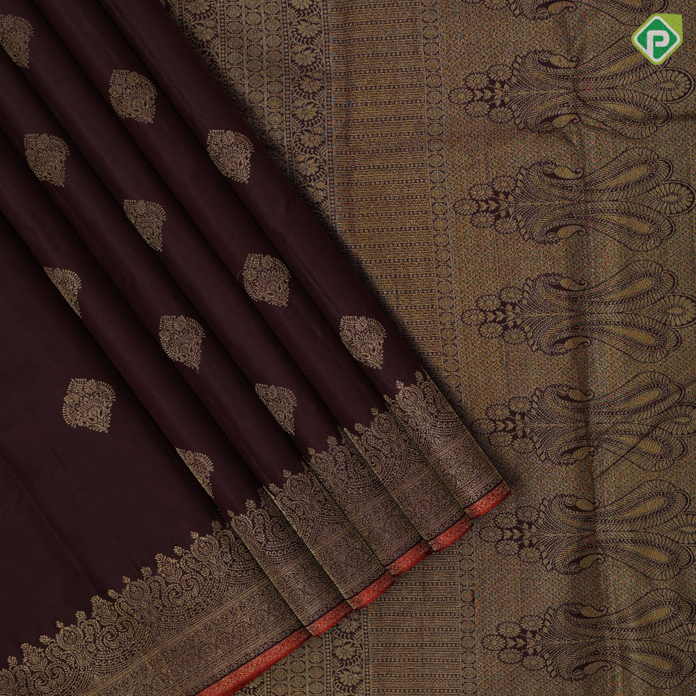 Maroon red gold zari fancy leaf design self gold mango butta turning border gift silk saree
