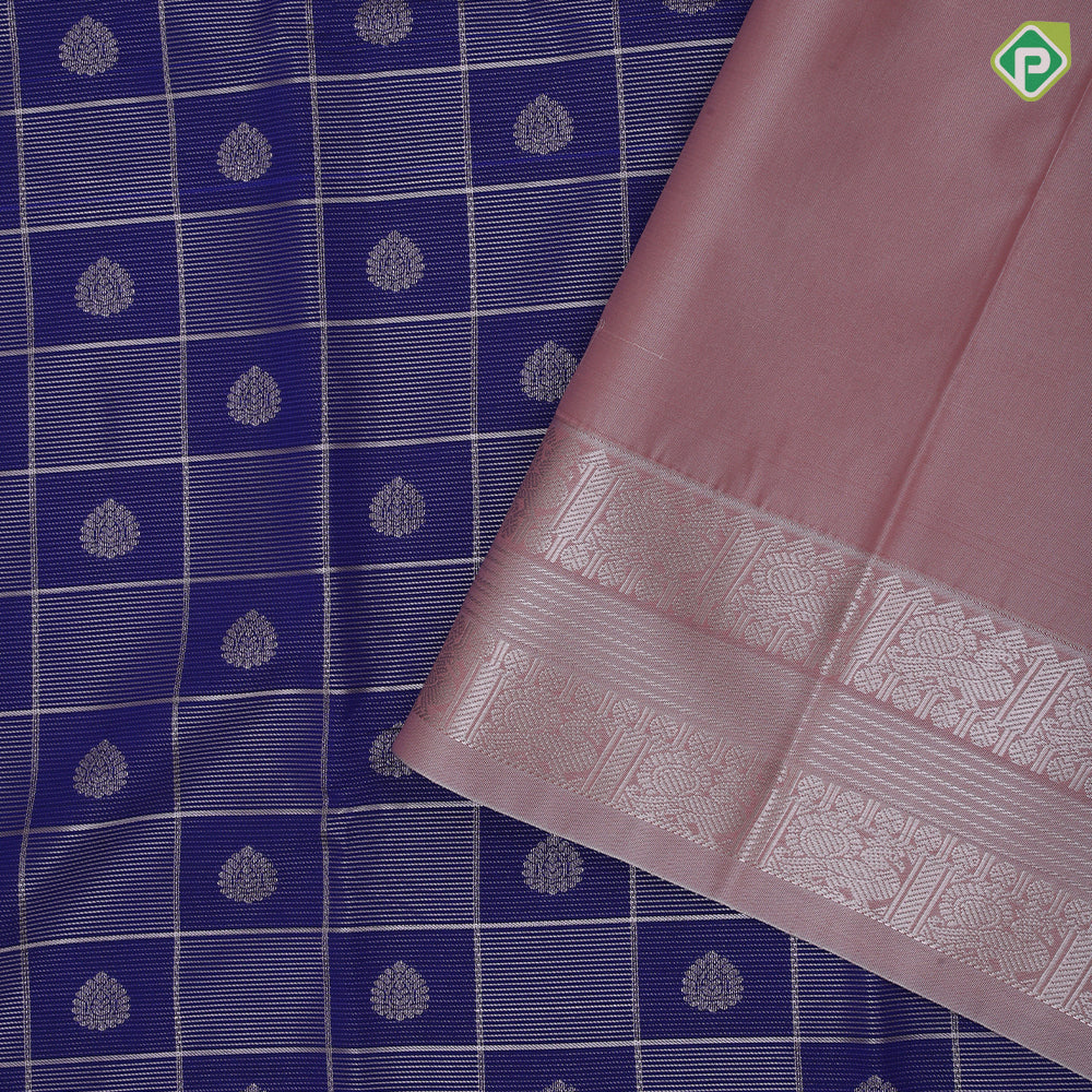 Royal blue gold zari window panel and thilagam design peach pink neem zari rettapet border art silk saree