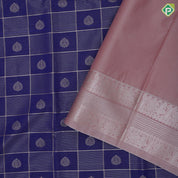 Royal blue gold zari window panel and thilagam design peach pink neem zari rettapet border art silk saree