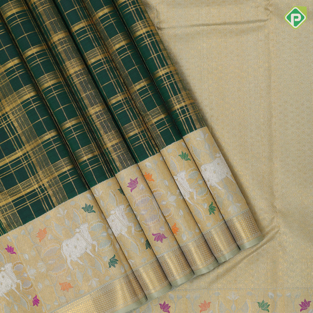 magenta gold zari multi lines checks design mint green gold zari meena work design border pichwai fusion silk saree
