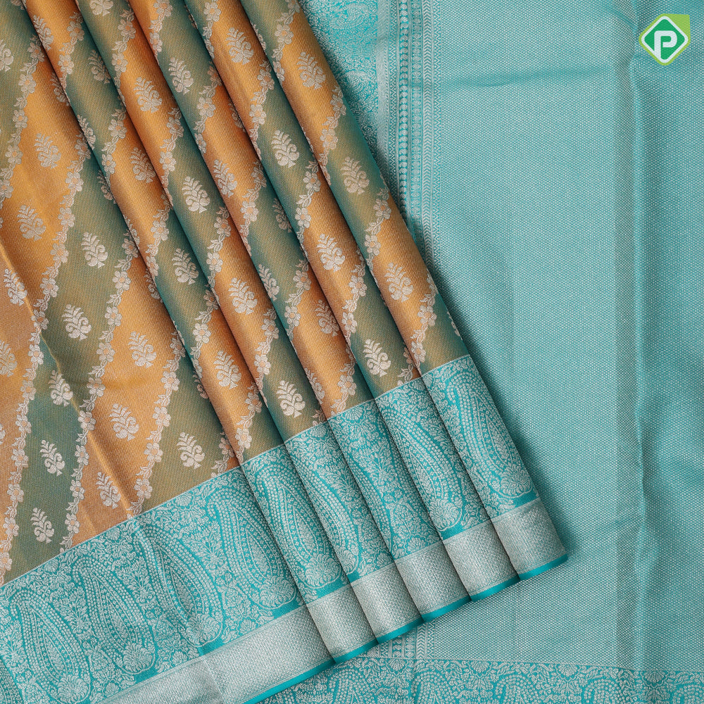 Golden yellow base silver gold zari grand floral creeper design sea green silver gold zari mango border Rangkat silk saree