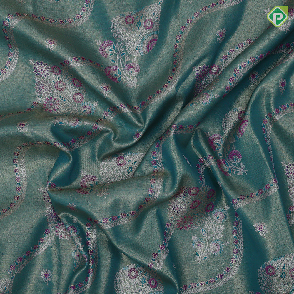 Rama green silk thread floral design rani pink gold zari grand border art tissue silk saree