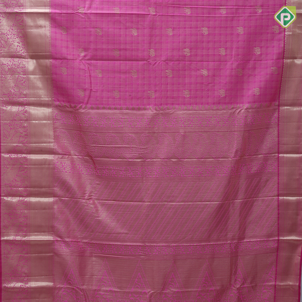 Pink gold zari checks and elephant butta design self gold zari peacock and zig zag border Art silk saree