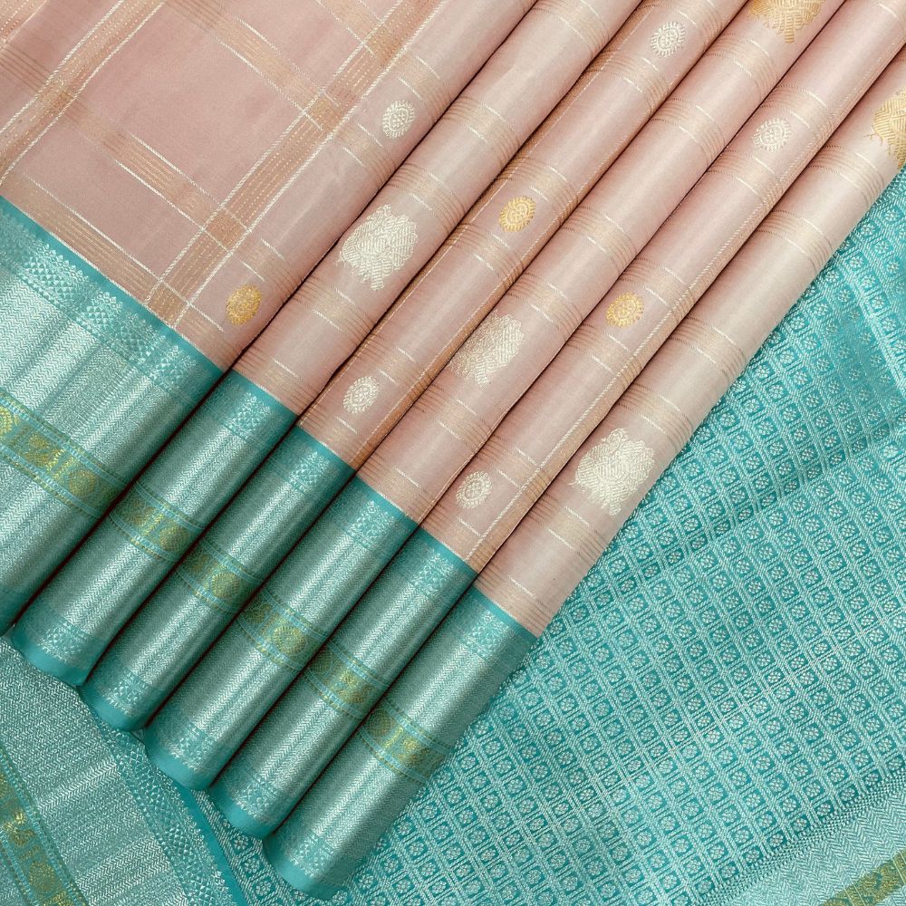 Peach Pink With Silver And Gold Zari Border Bridal Silk Saree