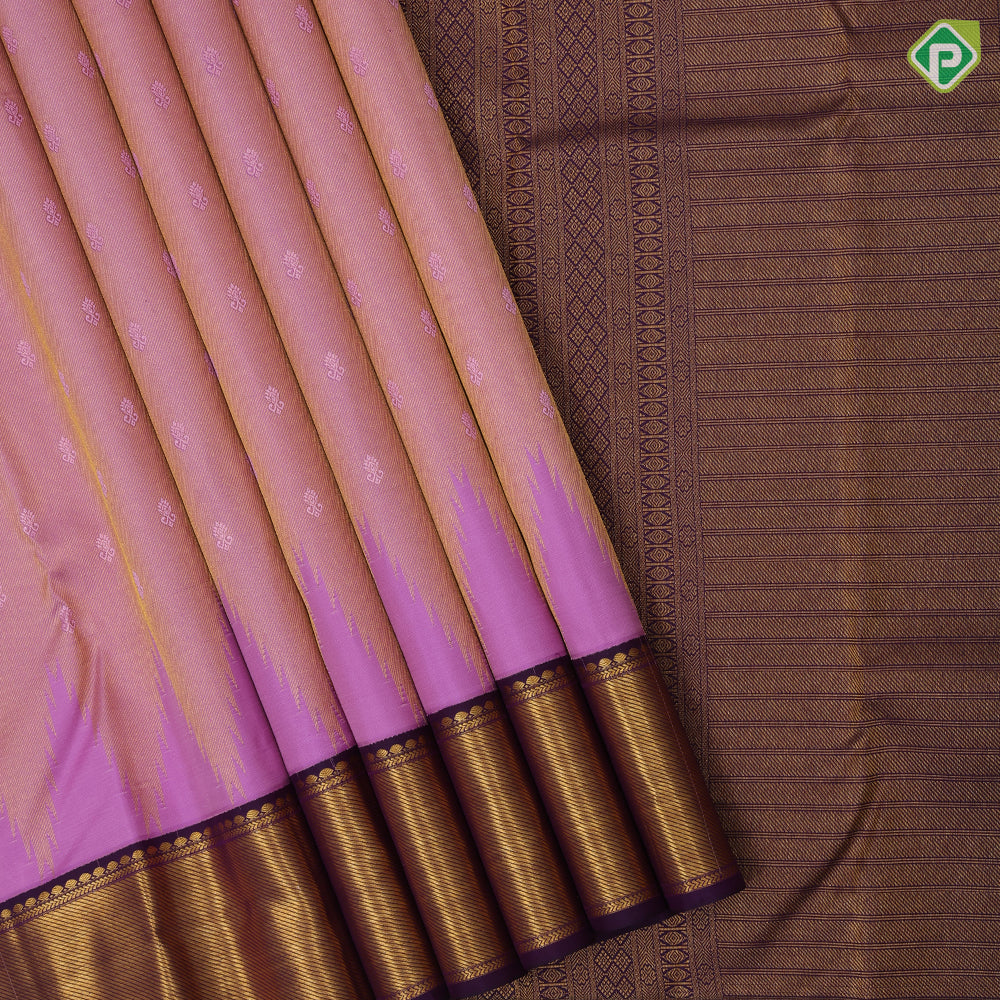 Bubble gum pink gold zari temple tissue thread butta purple gold zari bavanji border traditional silk saree