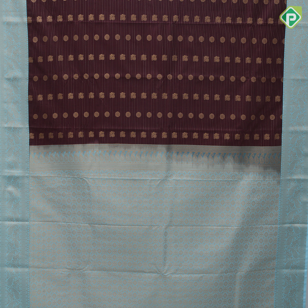 Chocolate brown gold zari peacock chakkaram butta stripes sky blue gold zari mango butta border art silk saree