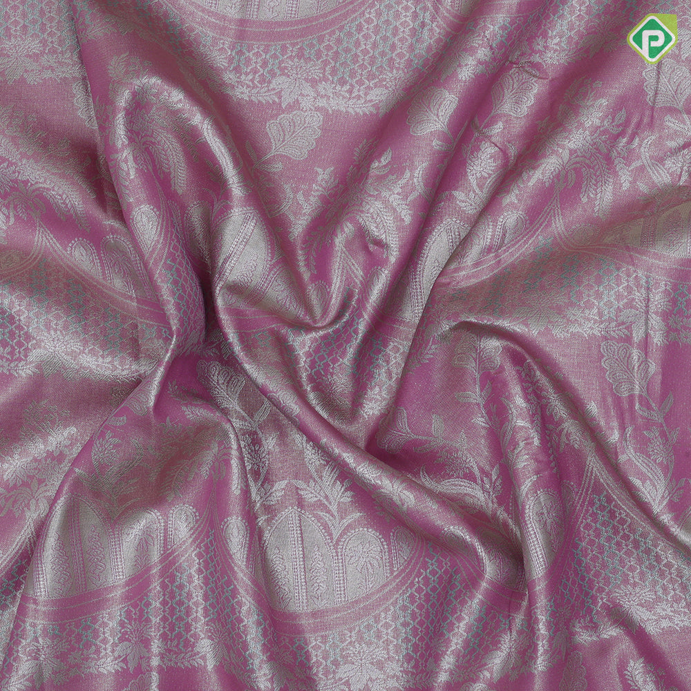 Pink silver zari fancy flower and arch design rama green gold zari rangoli border tissue art silk saree