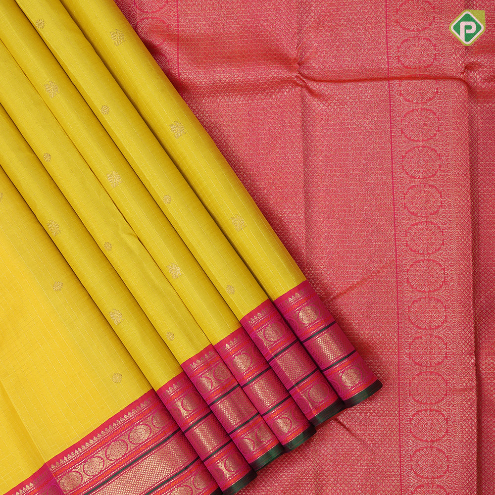 yellow base gold zari checked annam chakkaram butta contrast pink gold zari meena work lines border traditional silk saree