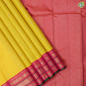 yellow base gold zari checked annam chakkaram butta contrast pink gold zari meena work lines border traditional silk saree