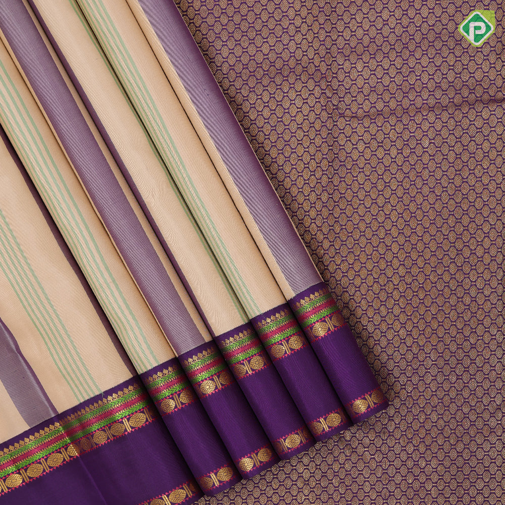 Sandal multi color multi stripes design blue and green gold zari thread work retta pett paalum pazhamum border traditional silk saree