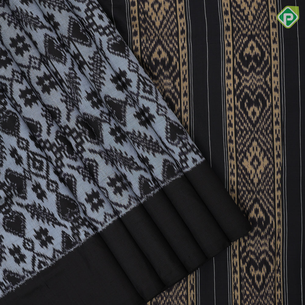 silver grey base black ikkat design black plain border ikkat design silk saree