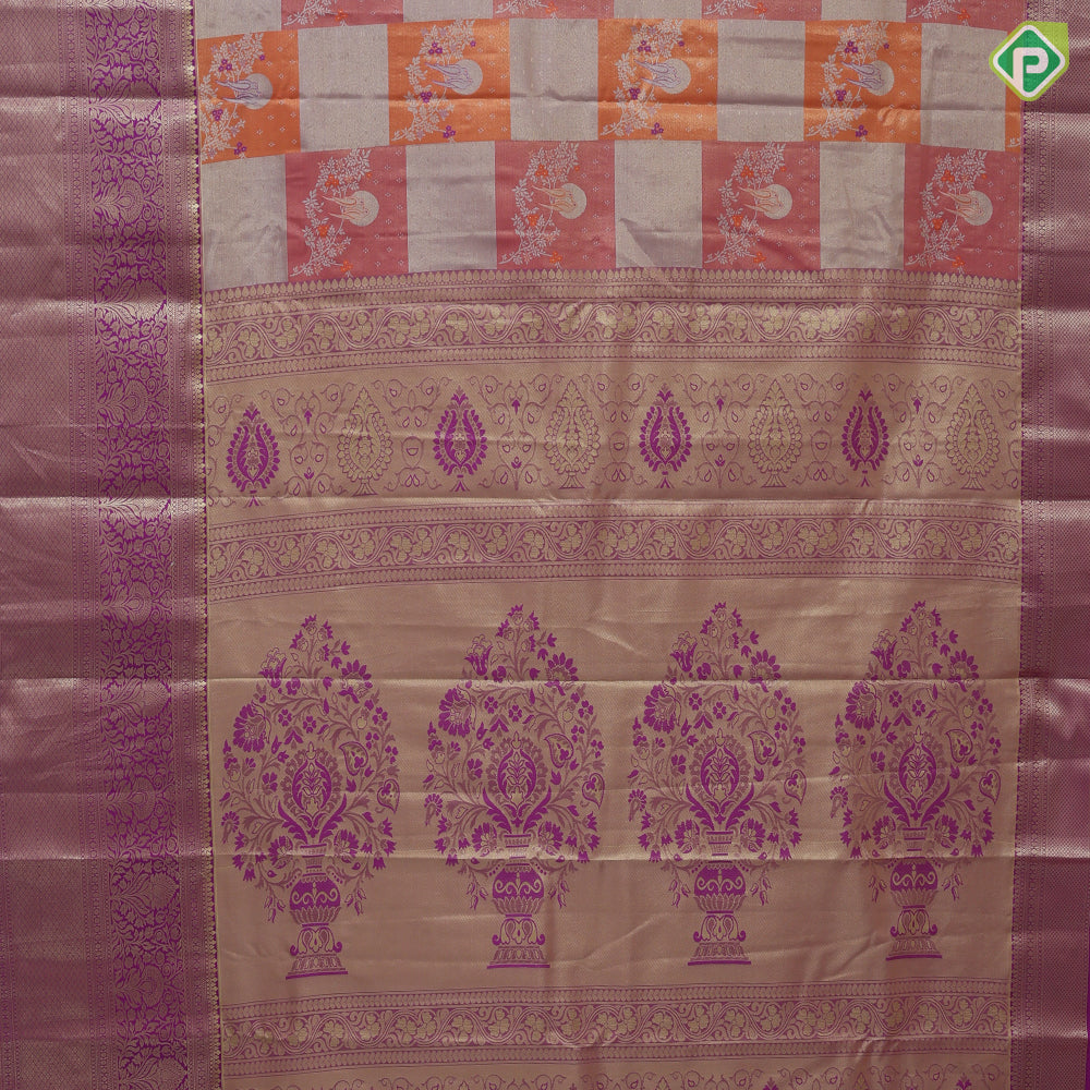 Orange base multi color double sparrow design rani pink gold zari grand border tissue art silk saree