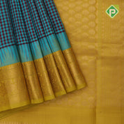 Rama blue base Multi color checked grand lemon green red gold zari koorvai temple border silk cotton saree