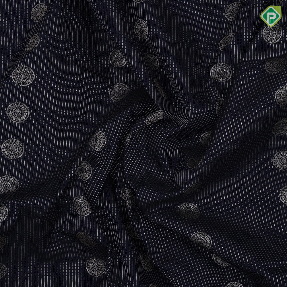 Indigo blue gold zari chakkaram butta design half white zari rangoli butta border Art silk saree