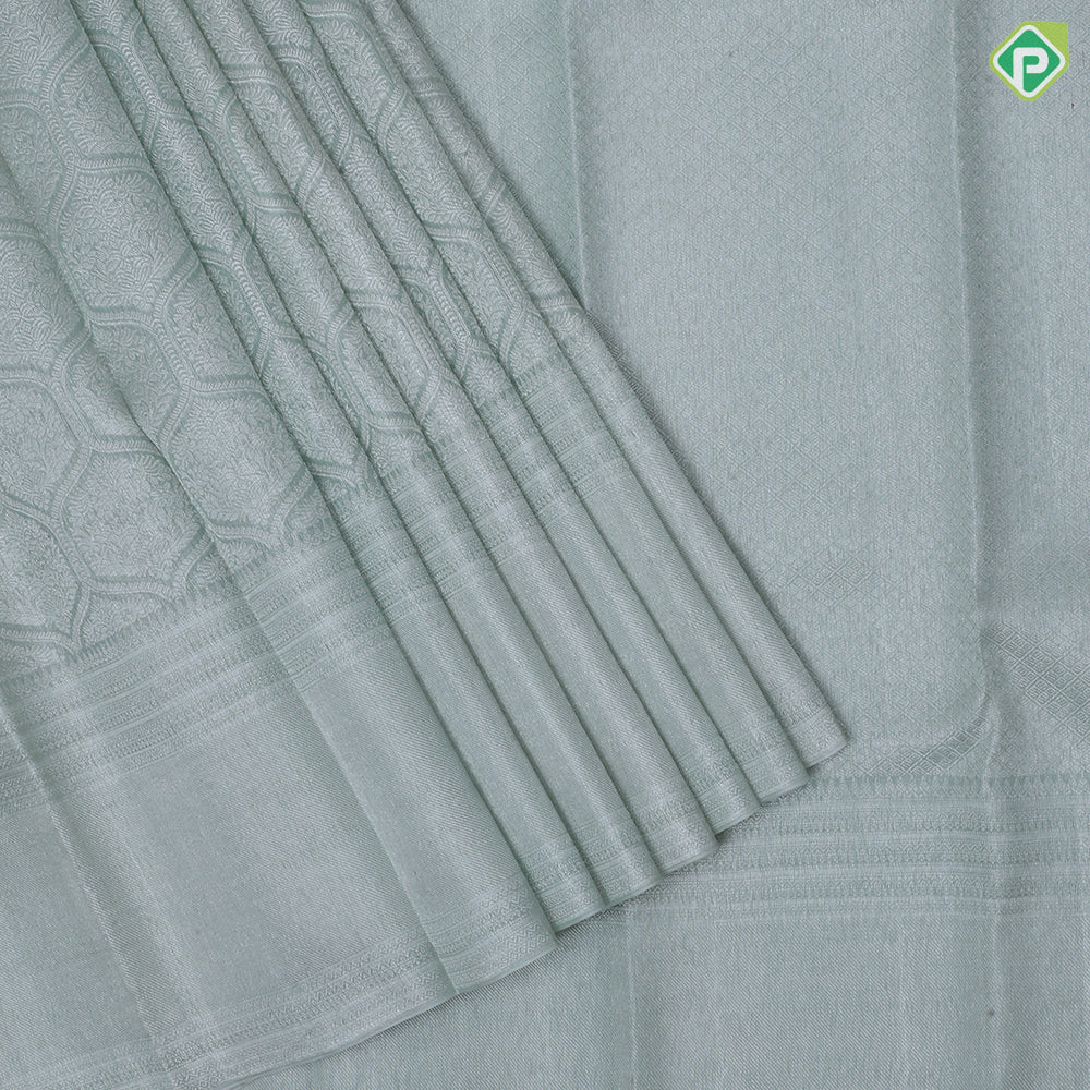 pista gold zari grand floral design self silver zari multi design lines border kanchi kora silk saree