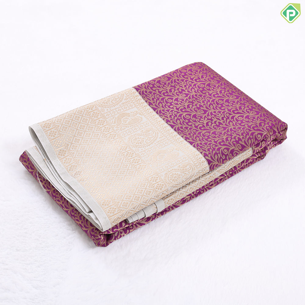 Rani pink gold zari grand floral design contrast thunder grey gold zari border art silk gift saree