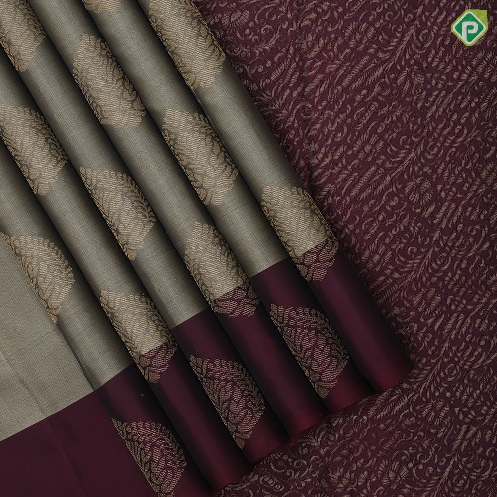 Artichoke green gold zari big leaf butta design magenta gold zari thilagam butta border pure mix silk saree