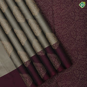 Artichoke green gold zari big leaf butta design magenta gold zari thilagam butta border pure mix silk saree