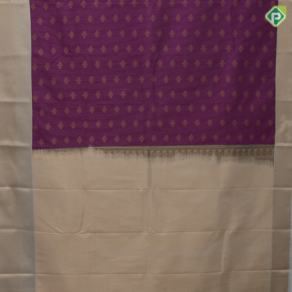 Purple gold zari stripes and square fancy butta design greyish gold zari thilagam butta border art silk saree