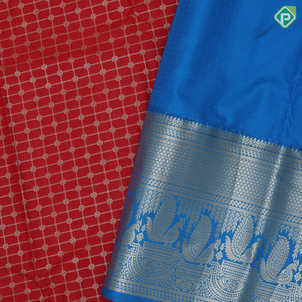 Tomato red gold zari beads design zari kattam true blue silver gold zari peacock butta border Art silk saree